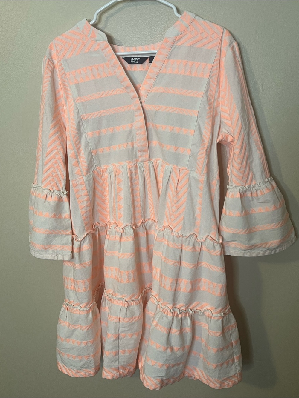 Lands' End Coral-Pink & White Tiered V-Neck Mini Dress